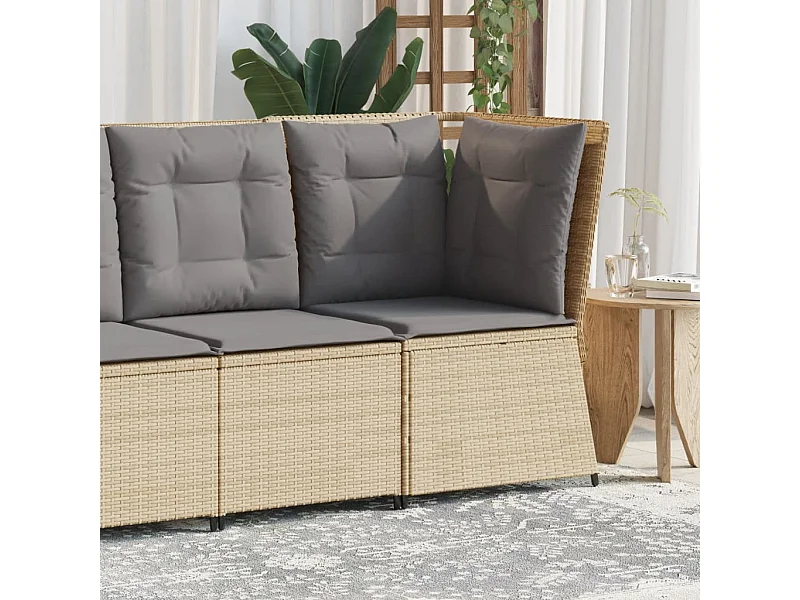 Divano ad angolo da giardino con cuscini in resina intrecciata beige