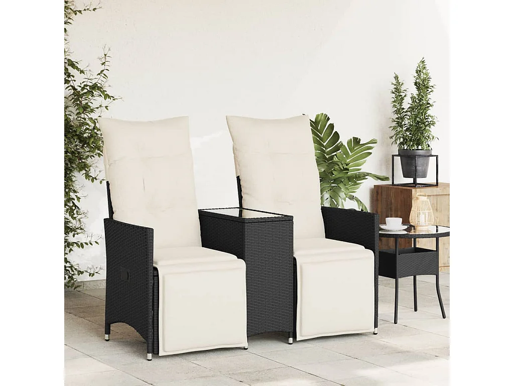 Canapé de jardin inclinable 2 places avec table noir poly rotin