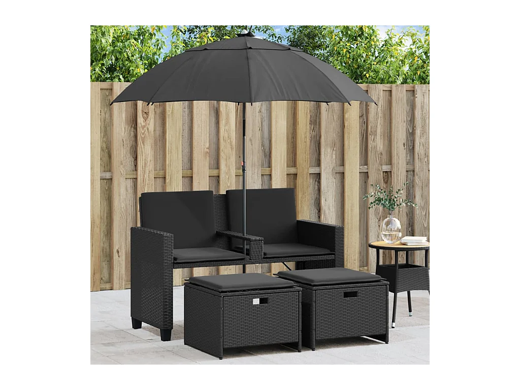 Divano da giardino a 2 posti con ombrellone e sgabelli in rattan nero