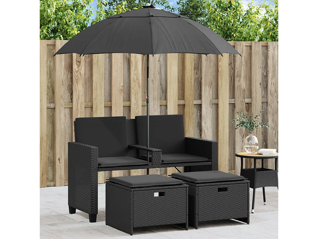 Canapé de jardin 2 places avec parasol et tabourets noir rotin