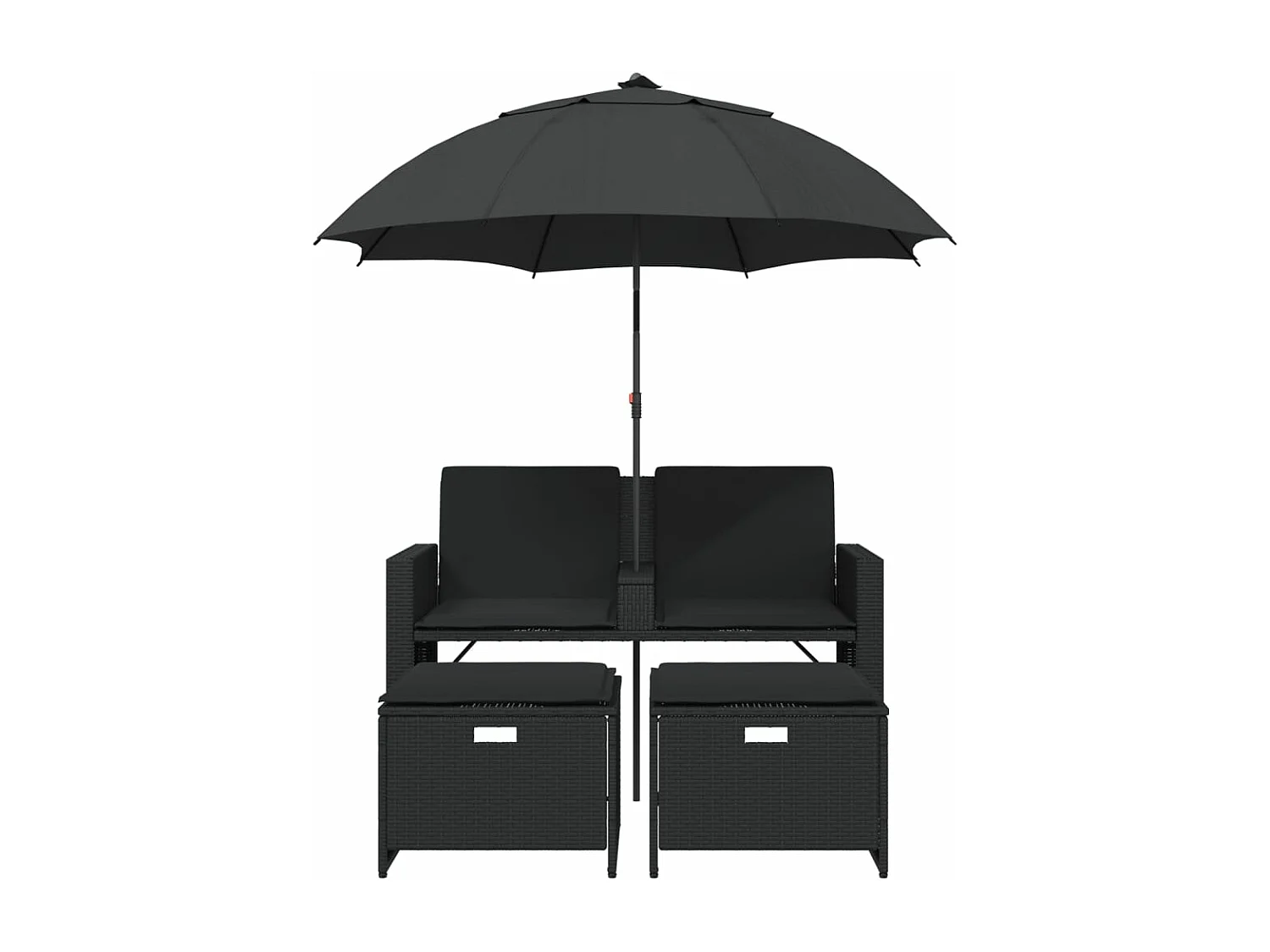 Canapé de jardin 2 places avec parasol et tabourets noir rotin