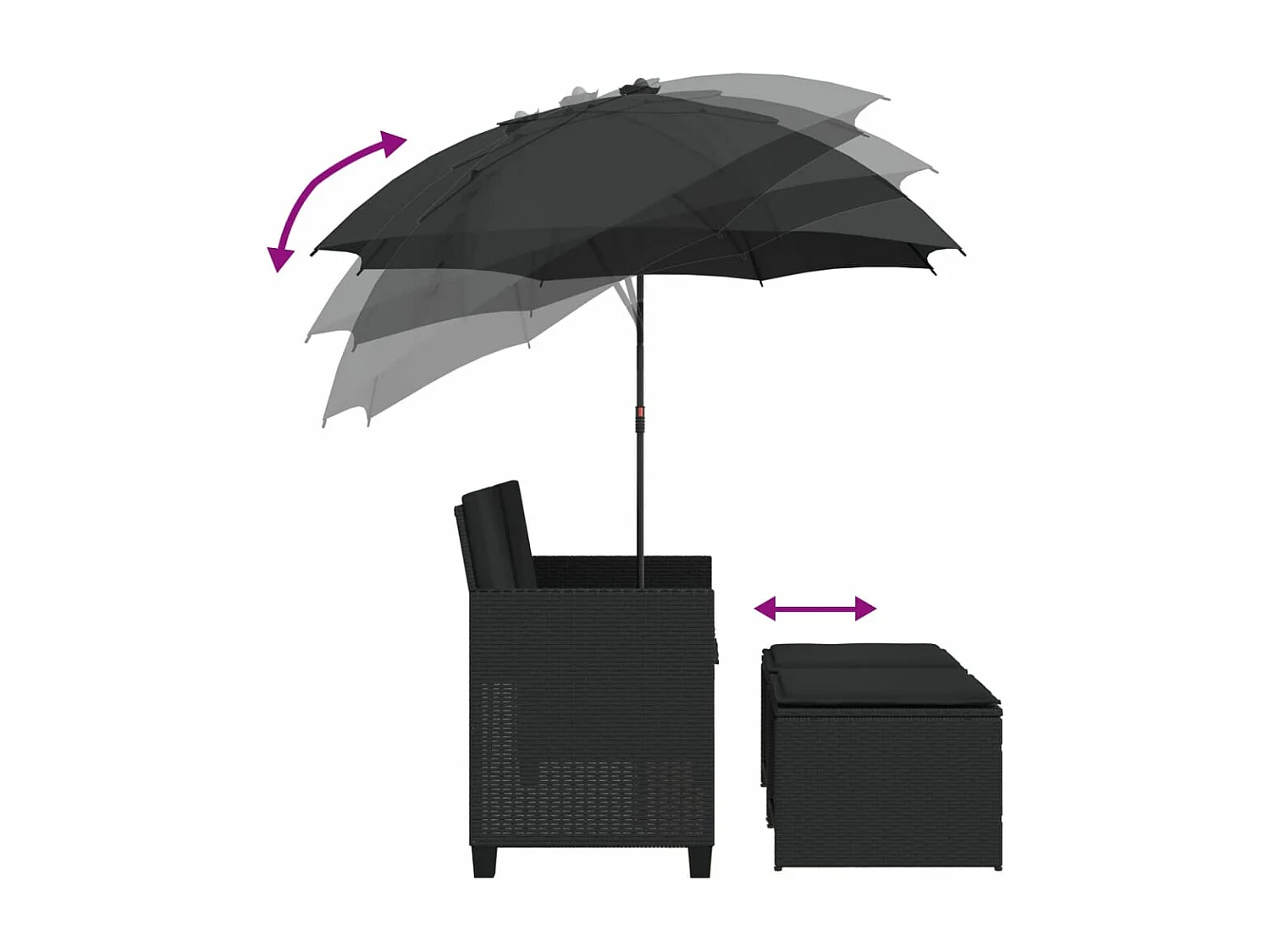 Canapé de jardin 2 places avec parasol et tabourets noir rotin