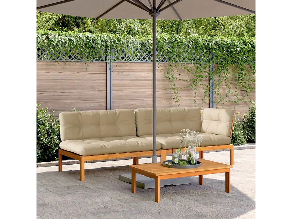 Salon palette de jardin avec coussins 3pcs bois d'acacia massif