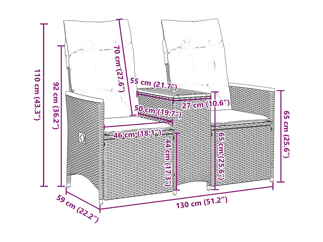 Canapé de jardin inclinable 2 places avec table noir poly rotin