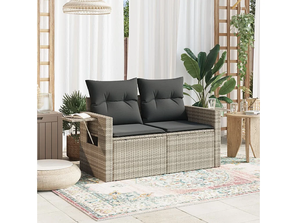 Canapé de jardin 2 places et coussins gris clair résine tressée