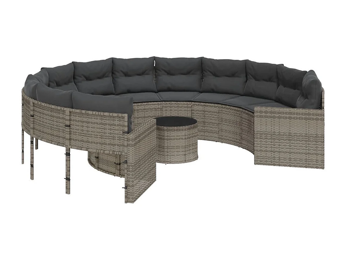 Sofá de jardín con mesa redonda con cojines de resina tejida en gris.