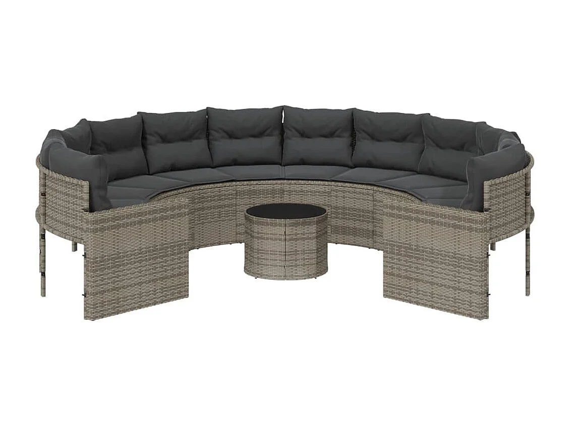 Sofá de jardín con mesa redonda con cojines de resina tejida en gris.