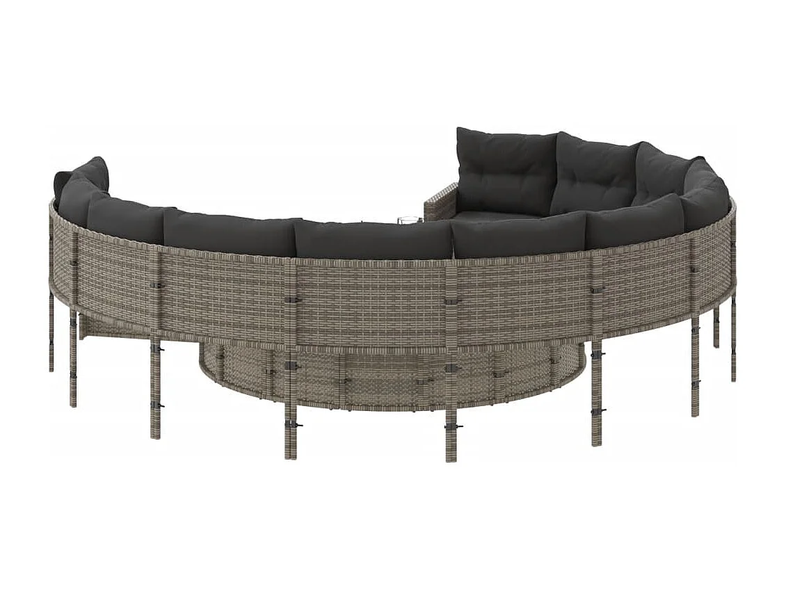 Sofá de jardín con mesa redonda con cojines de resina tejida en gris.