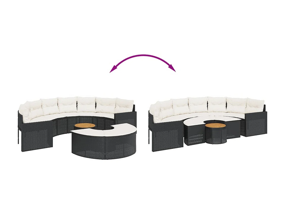 Salon de jardin 3 pcs demi-rond noir résine tressée