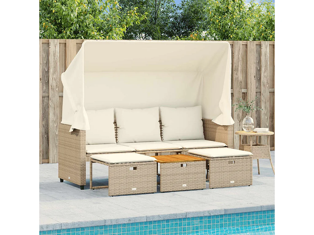 Canapé de jardin 3 places avec auvent et tabourets beige rotin