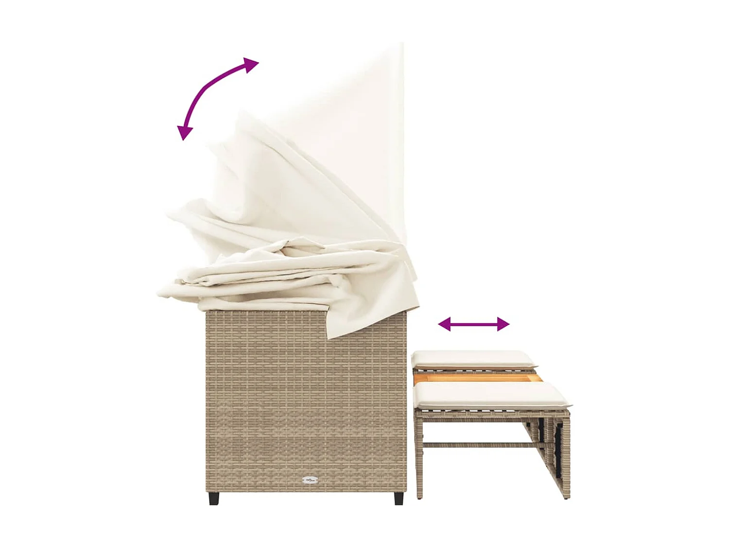 Canapé de jardin 3 places avec auvent et tabourets beige rotin