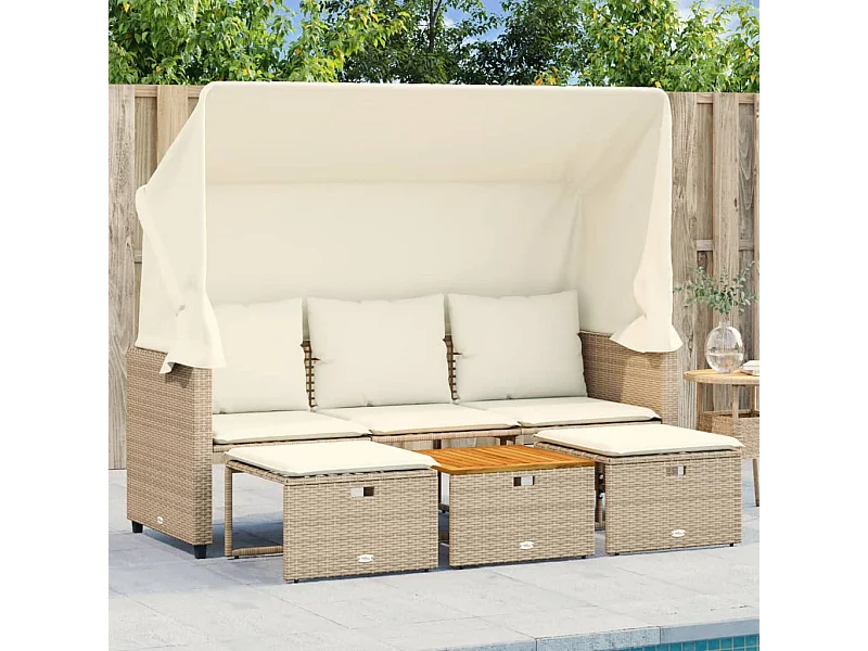 Canapé de jardin 3 places avec auvent et tabourets beige rotin