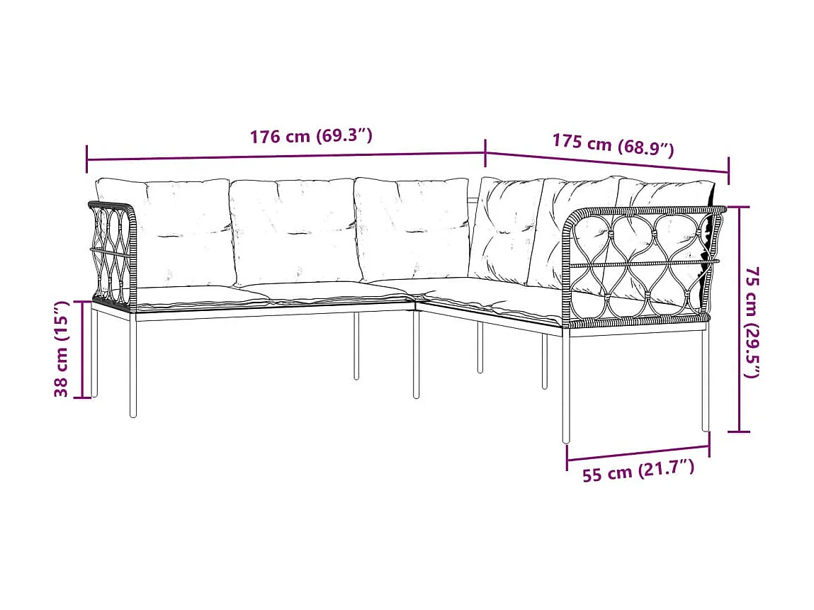 Canapé de jardin avec coussins forme de L noir acier textilène