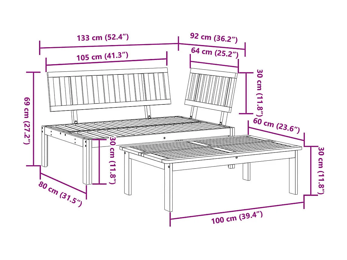 Salon de jardin palette 2 pcs bois massif d'acacia