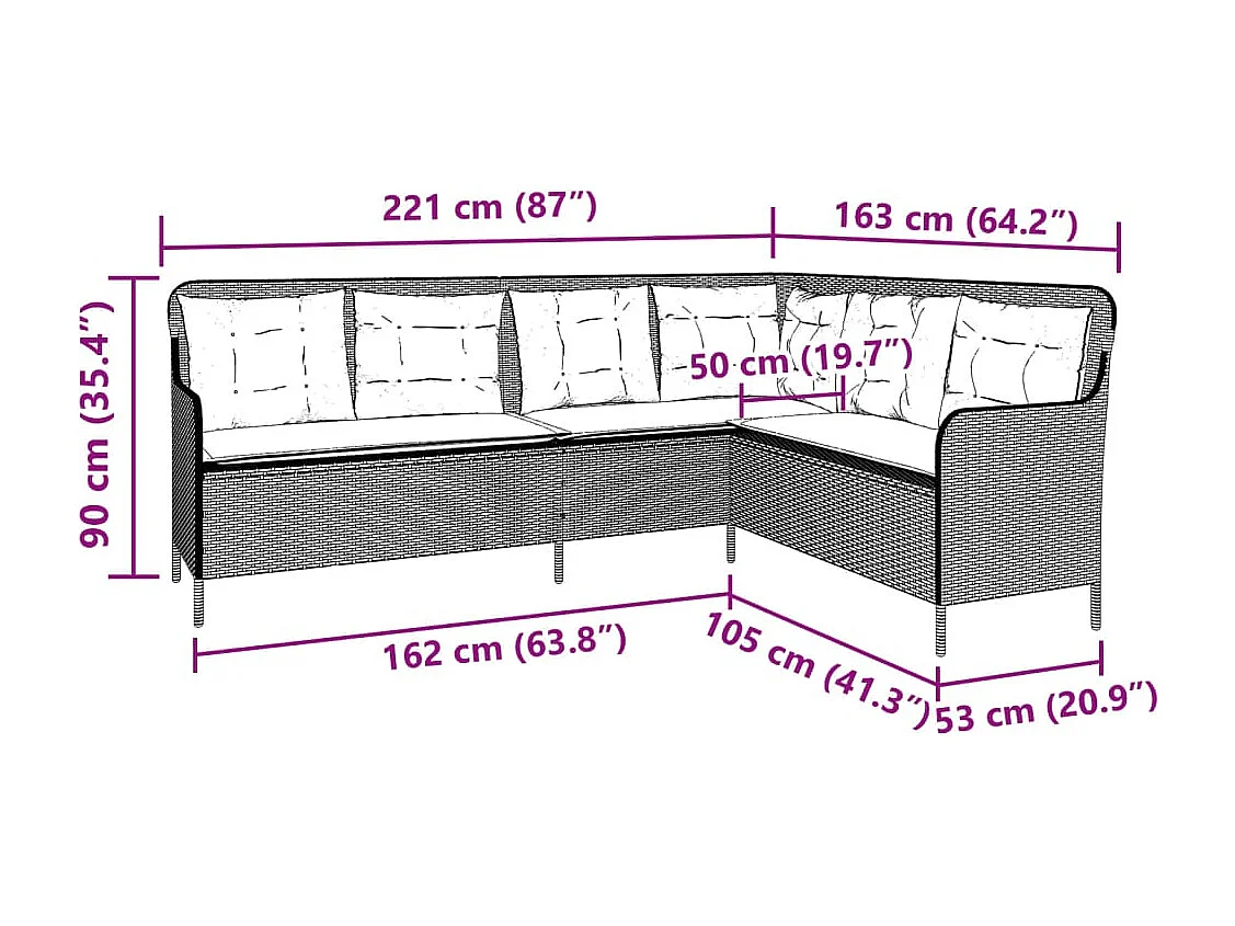 Canapé de jardin avec coussins forme de L beige résine tressée