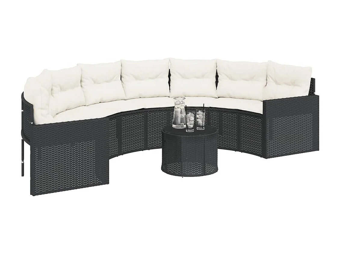 Canapé de jardin table coussins demi-rond noir résine tressée