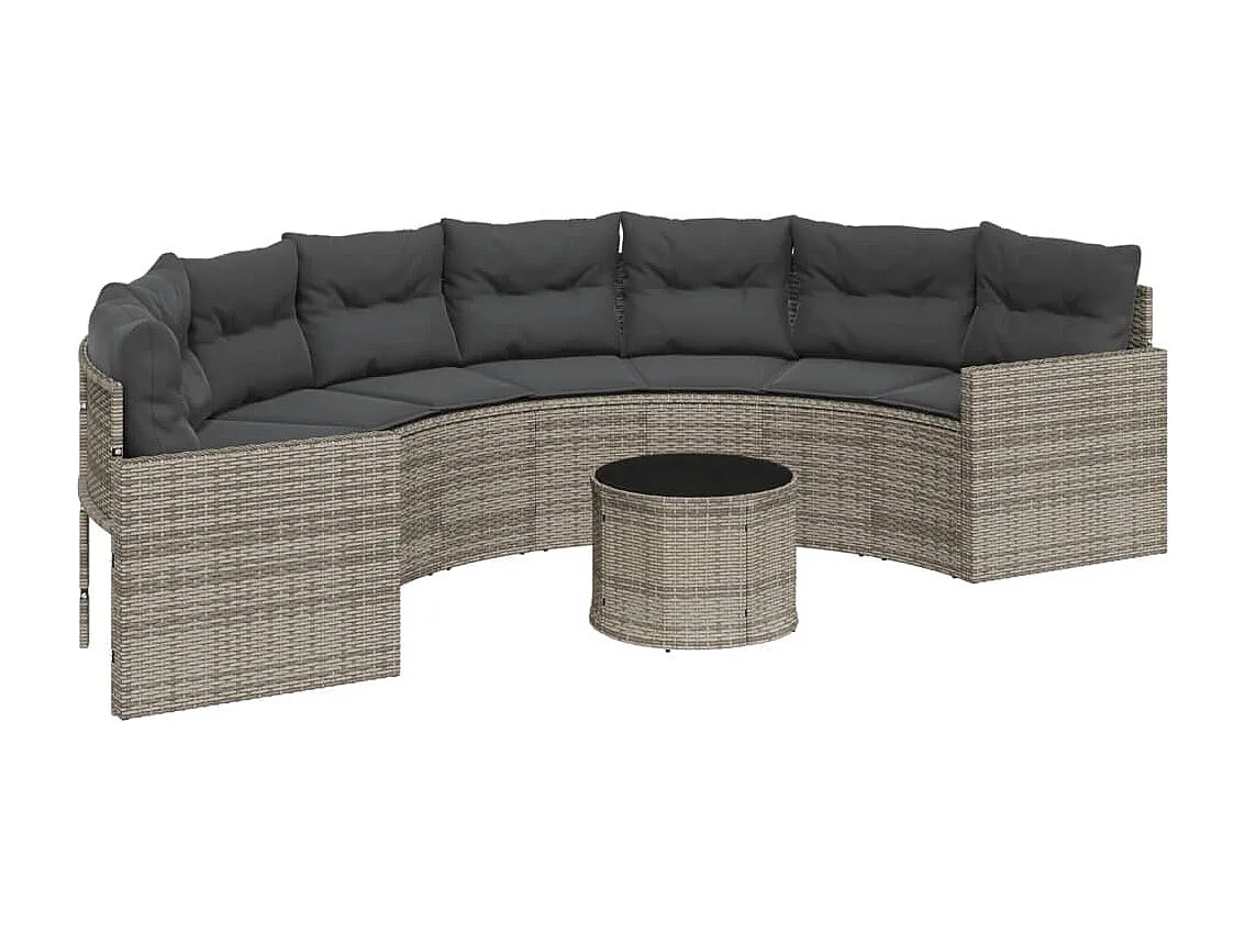 Canapé de jardin table coussins demi-rond gris résine tressée