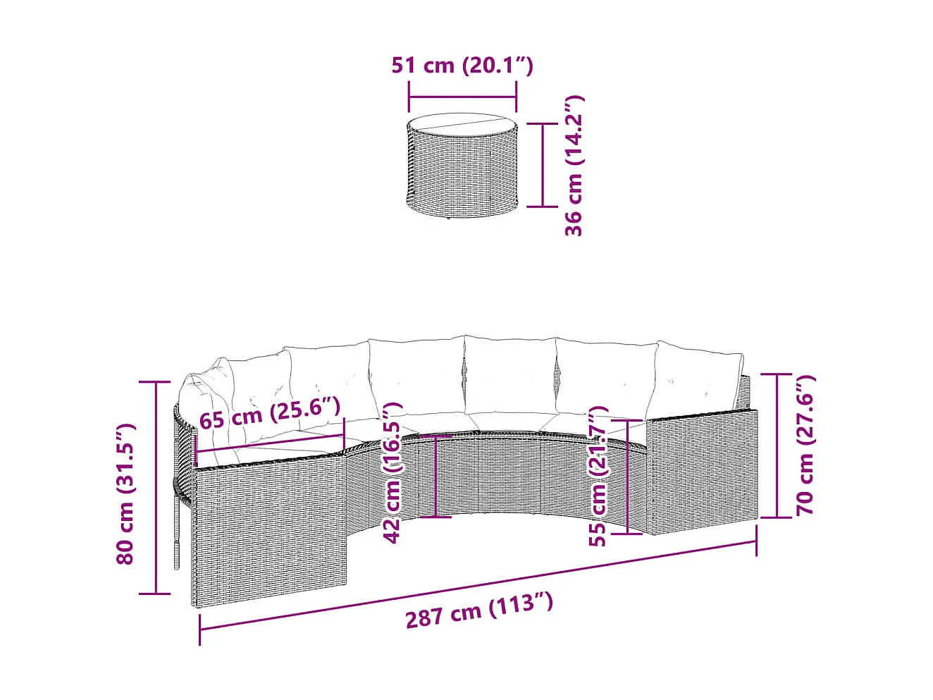 Canapé de jardin table coussins demi-rond gris résine tressée