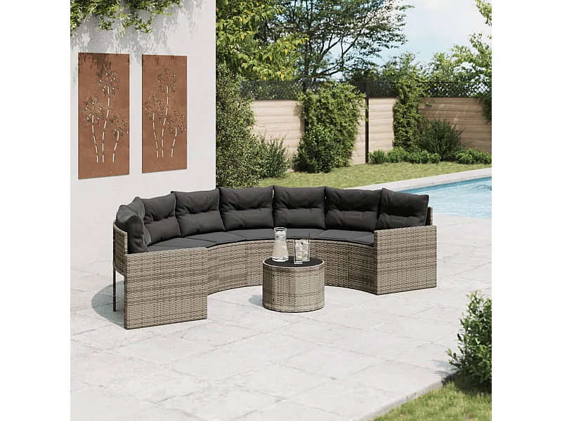 Canapé de jardin table coussins demi-rond gris résine tressée