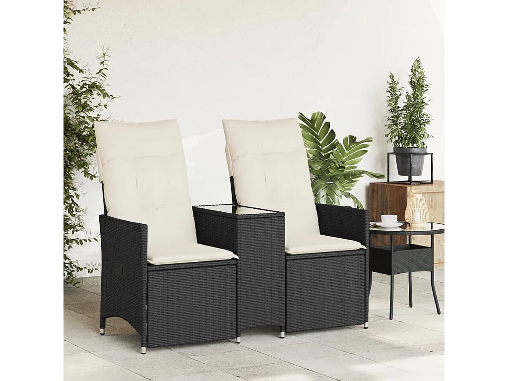 Canapé de jardin inclinable 2 places avec table noir poly rotin