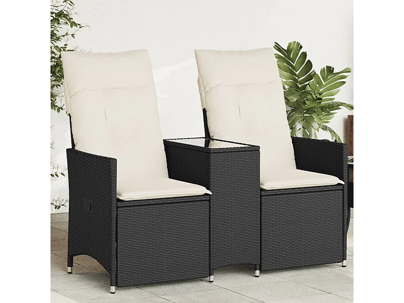 Canapé de jardin inclinable 2 places avec table noir poly rotin