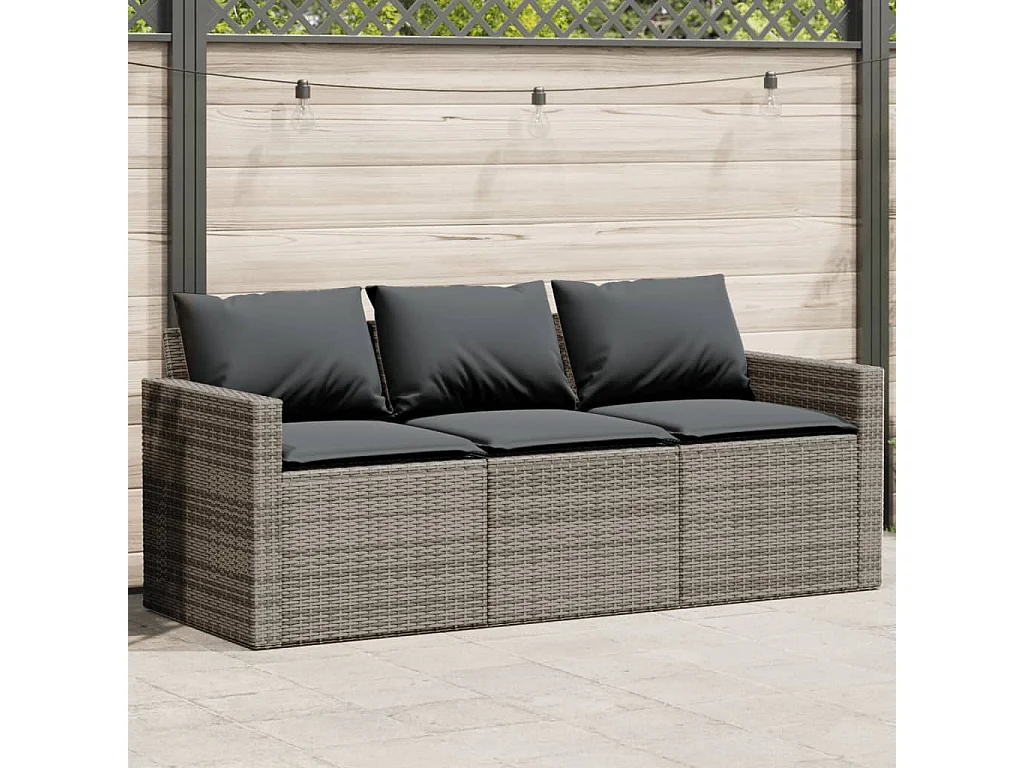 Canapé de jardin avec coussins 3 places gris résine tressée