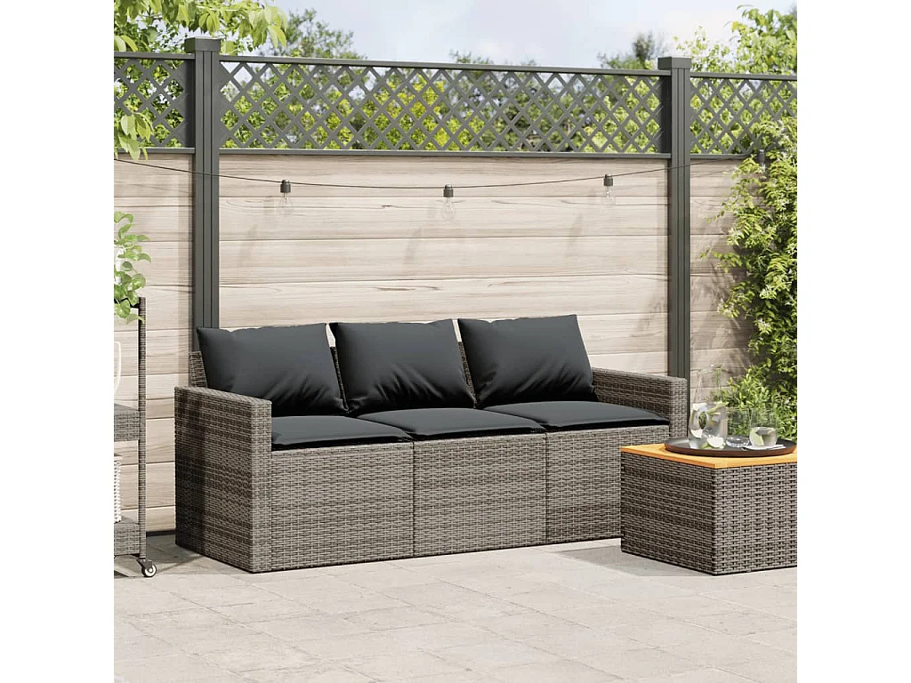 Canapé de jardin avec coussins 3 places gris résine tressée