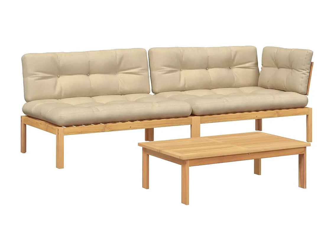 Salon palette de jardin avec coussins 3pcs bois d'acacia massif