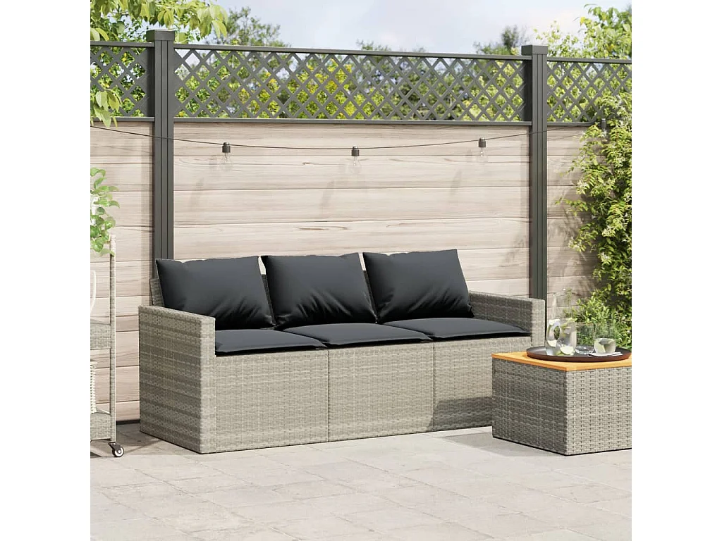 Canapé de jardin et coussins 3 places gris clair résine tressée