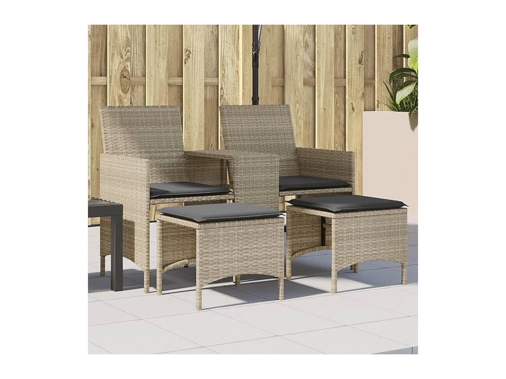 Canapé de jardin 2 places avec table tabourets gris clair rotin