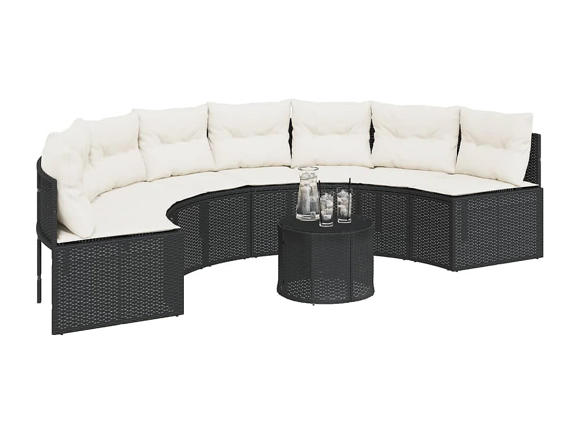 Canapé de jardin table coussins demi-rond noir résine tressée