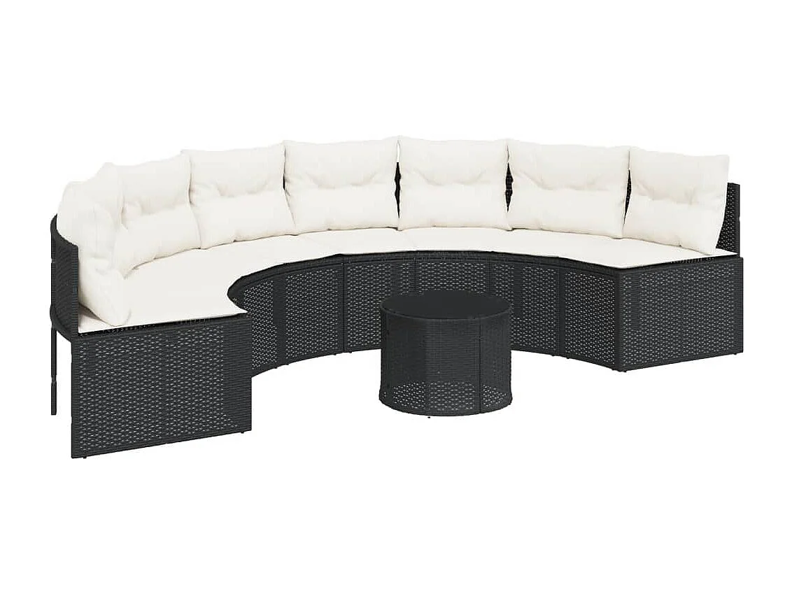 Canapé de jardin table coussins demi-rond noir résine tressée