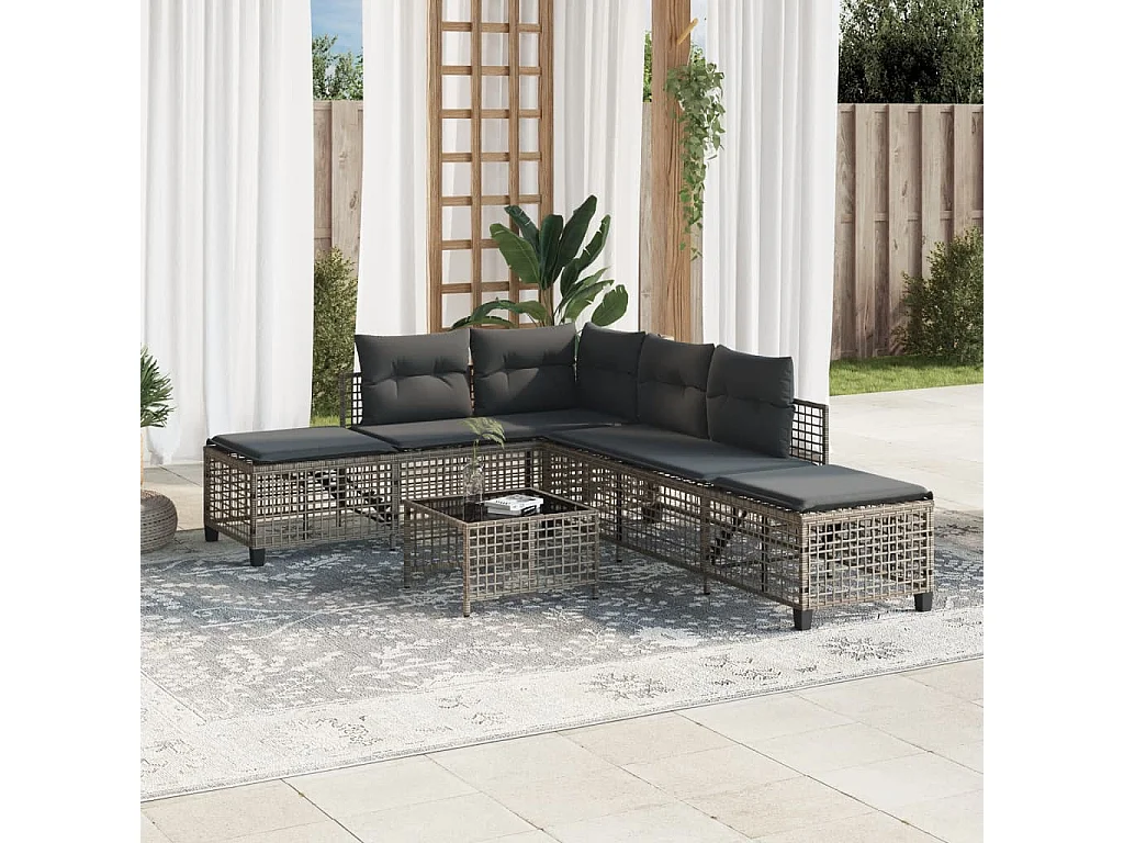 Salon de jardin d'angle avec coussins 3 pcs gris résine tressée