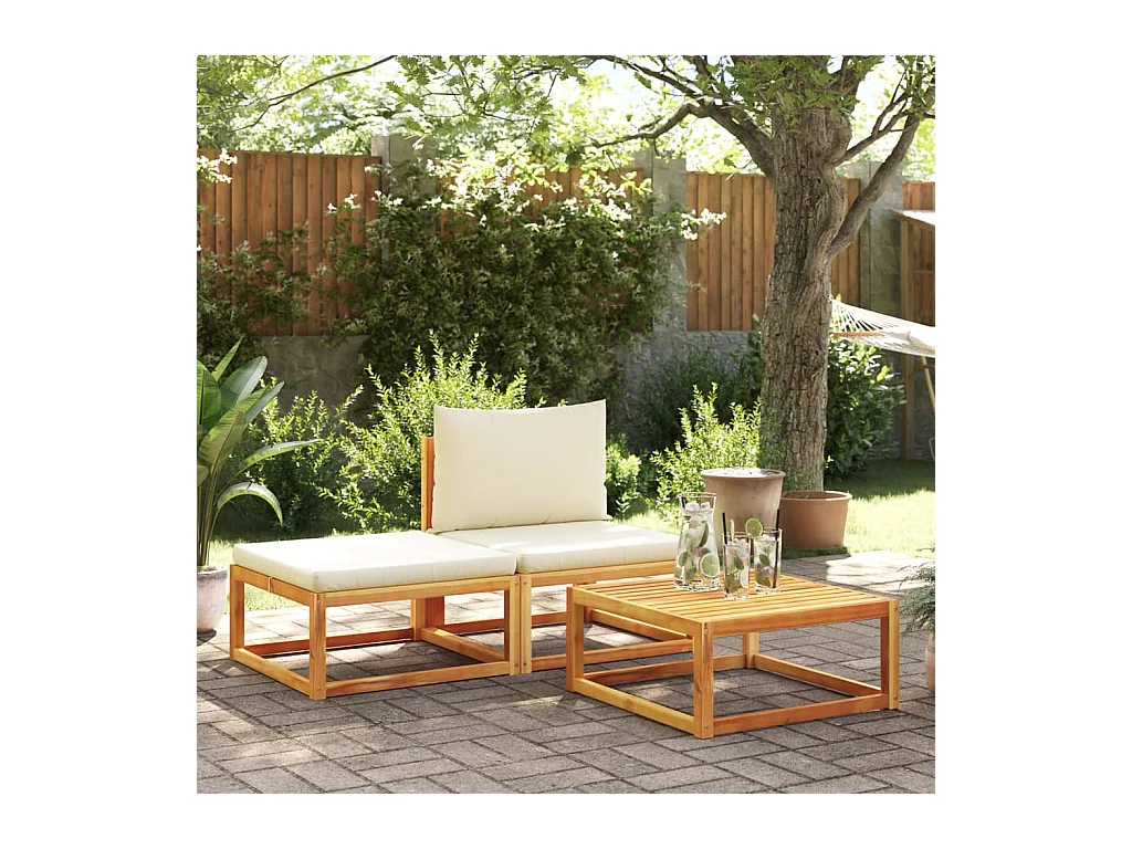 Salon de jardin avec coussins 3 pcs bois massif d'acacia