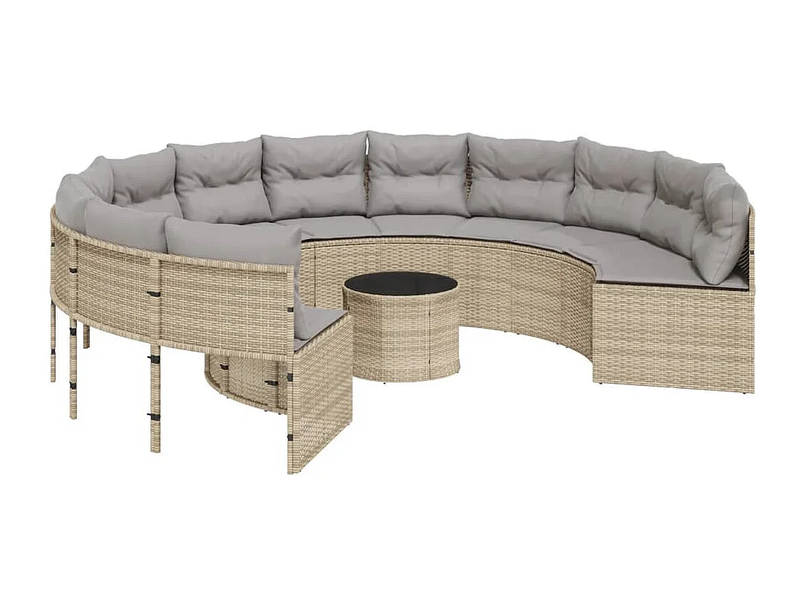 Canapé de jardin avec table coussins rond beige résine tressée