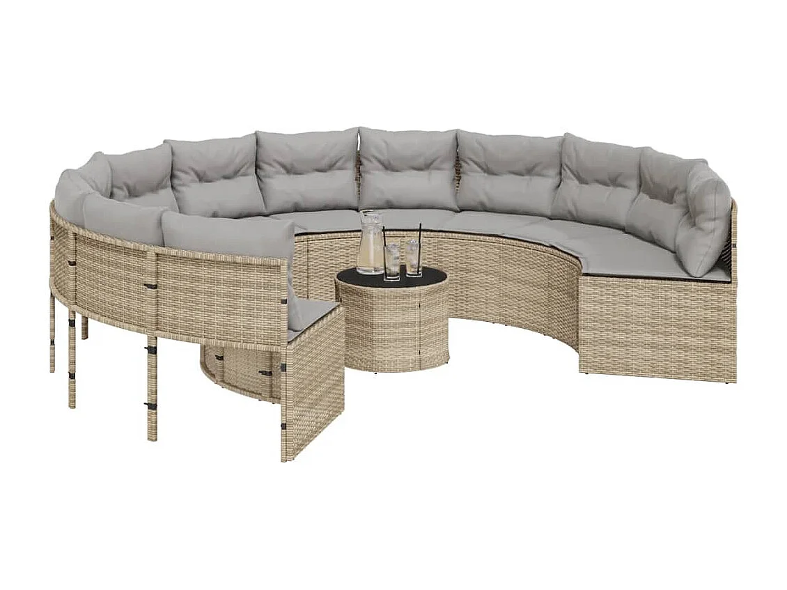 Canapé de jardin avec table coussins rond beige résine tressée