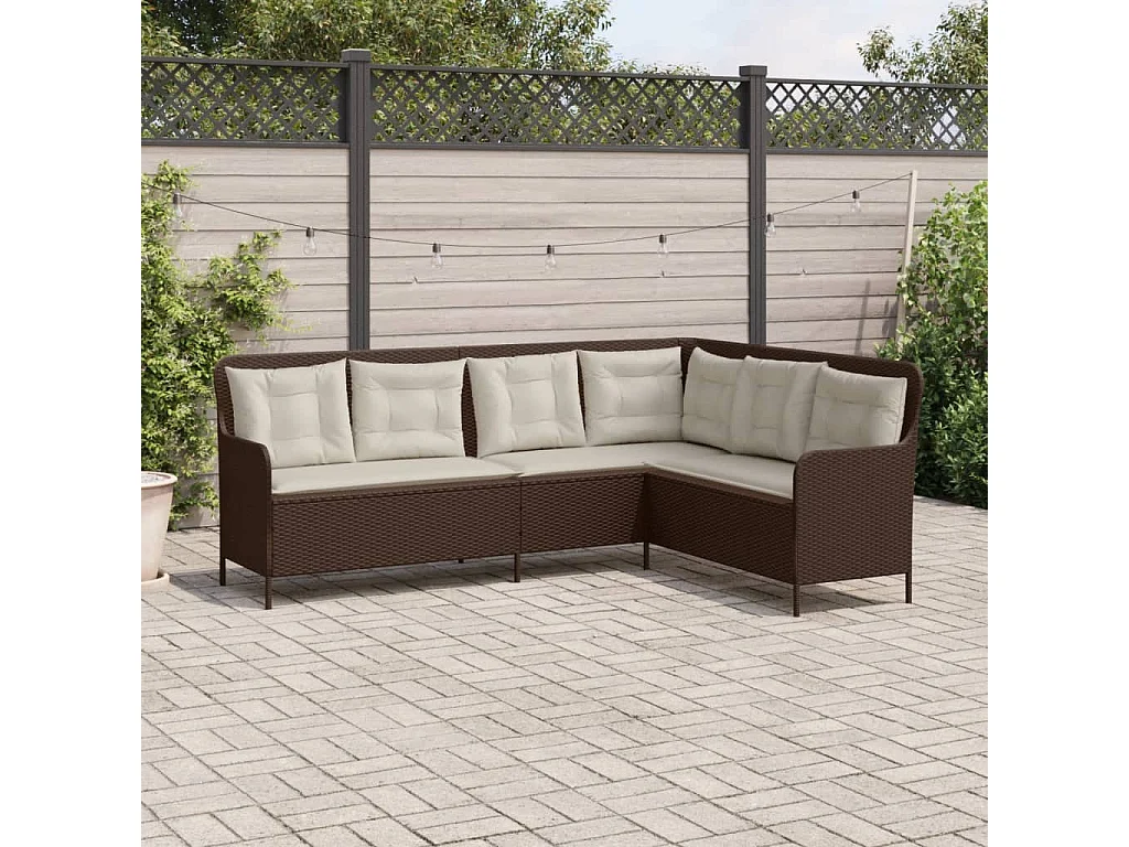 Canapé de jardin avec coussins forme de L marron résine tressée