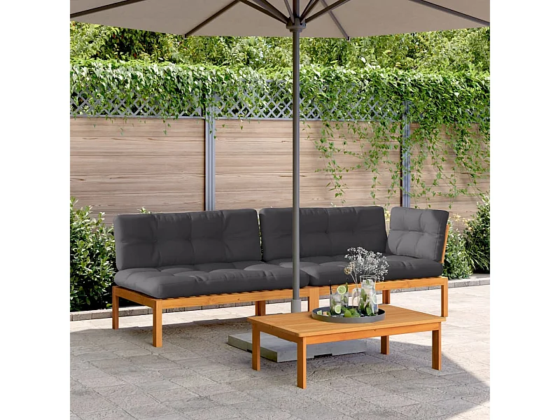 Salon palette de jardin avec coussins 3pcs bois d'acacia massif
