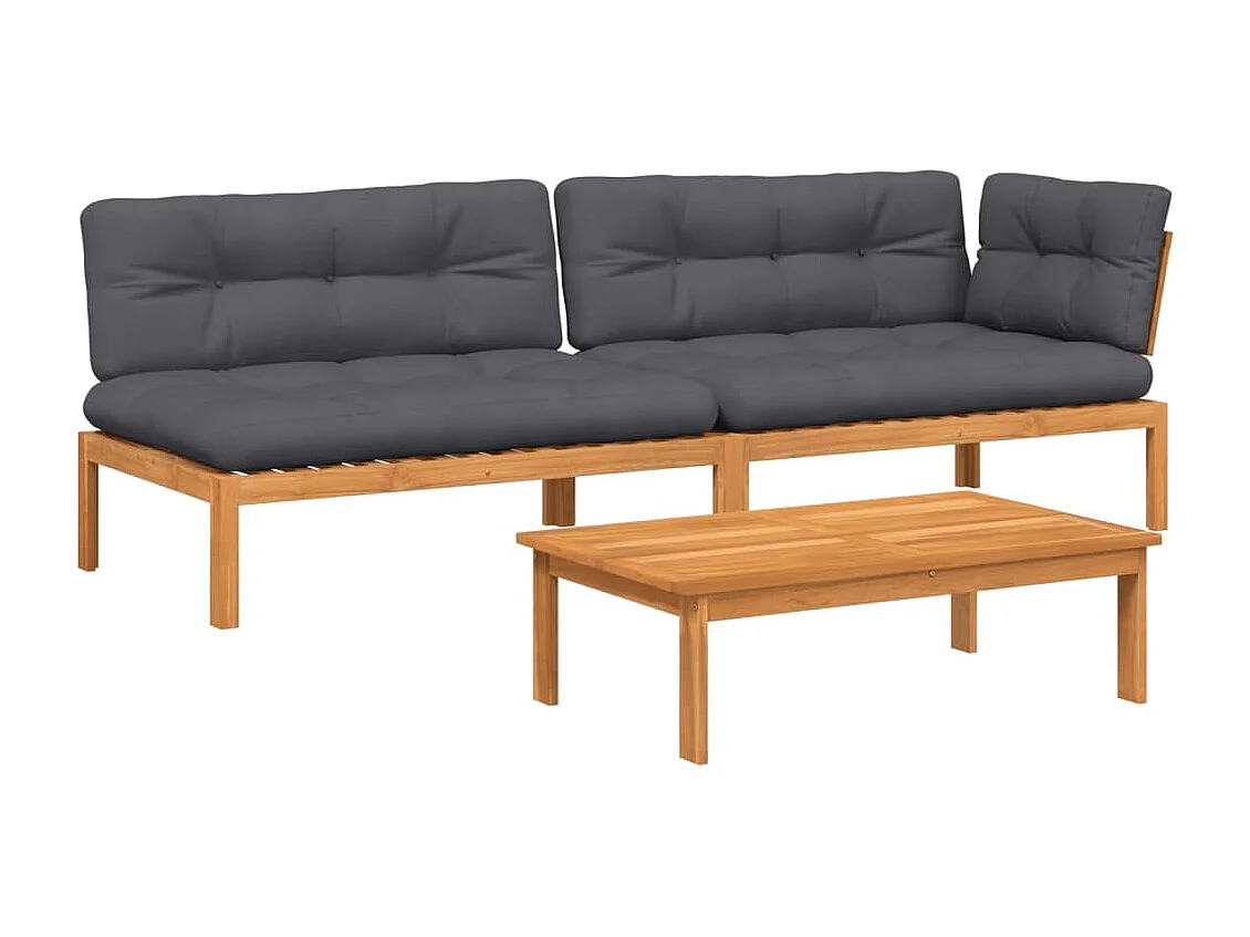 Salon palette de jardin avec coussins 3pcs bois d'acacia massif