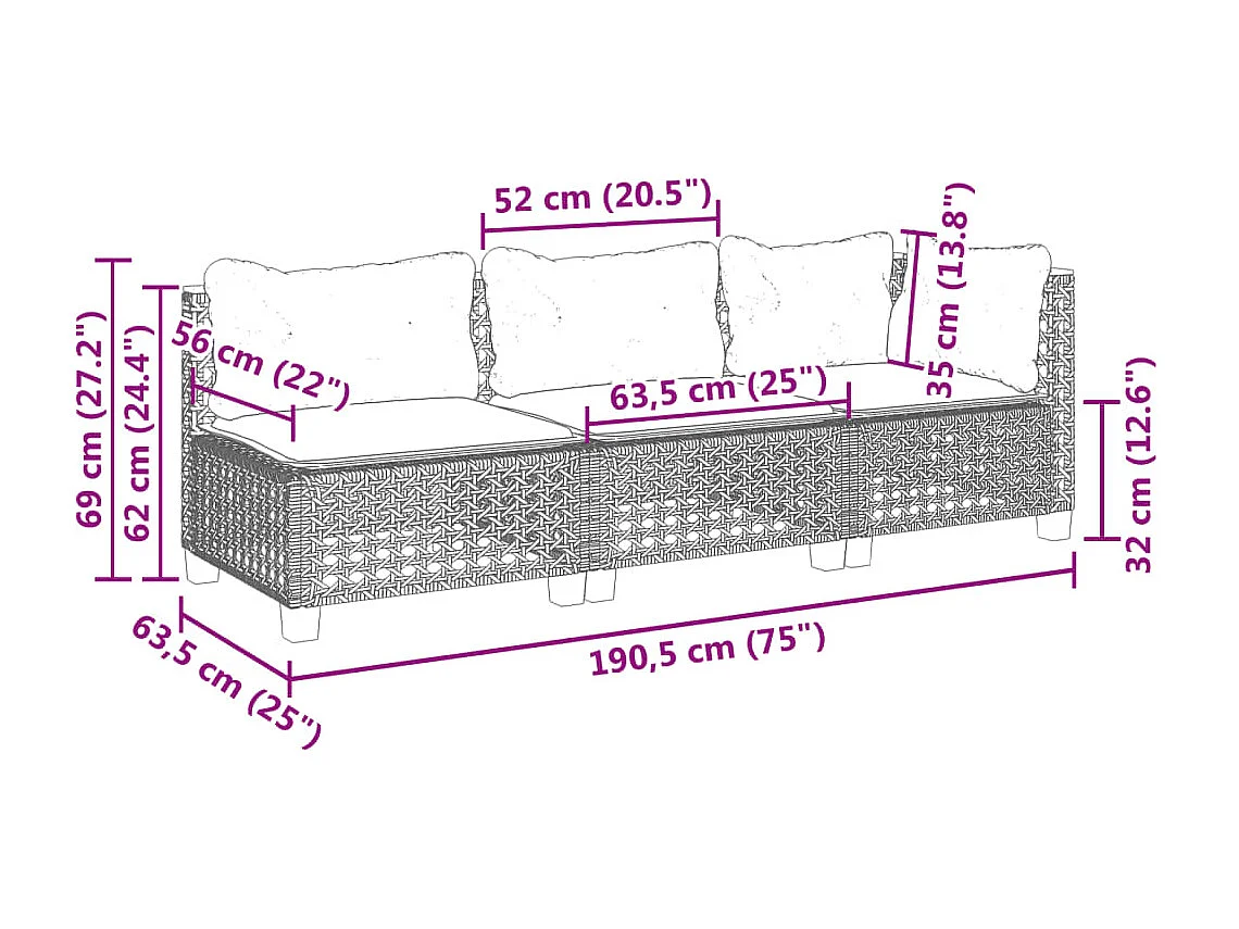 Gartensofa mit 3-Sitzer-Kissen aus grauem Kunstharzgeflecht