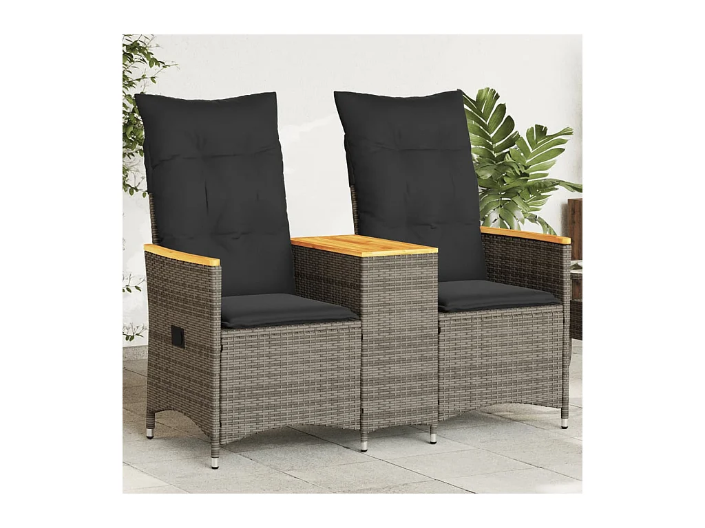 Canapé de jardin inclinable 2 places avec table gris poly rotin
