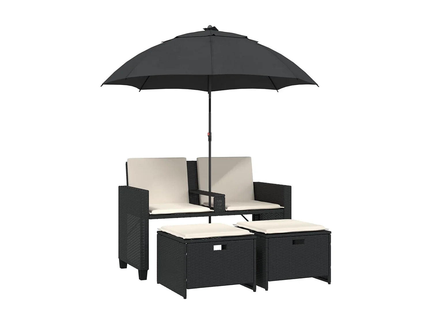 Divano da giardino a 2 posti con ombrellone e sgabelli in rattan nero