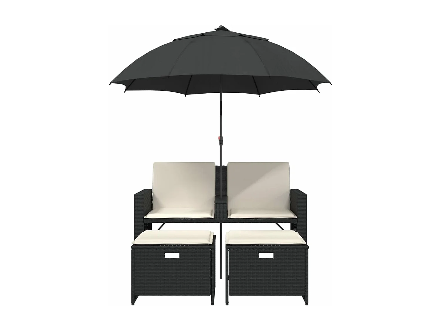 Divano da giardino a 2 posti con ombrellone e sgabelli in rattan nero