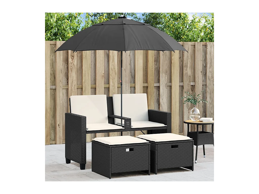 Canapé de jardin 2 places avec parasol et tabourets noir rotin