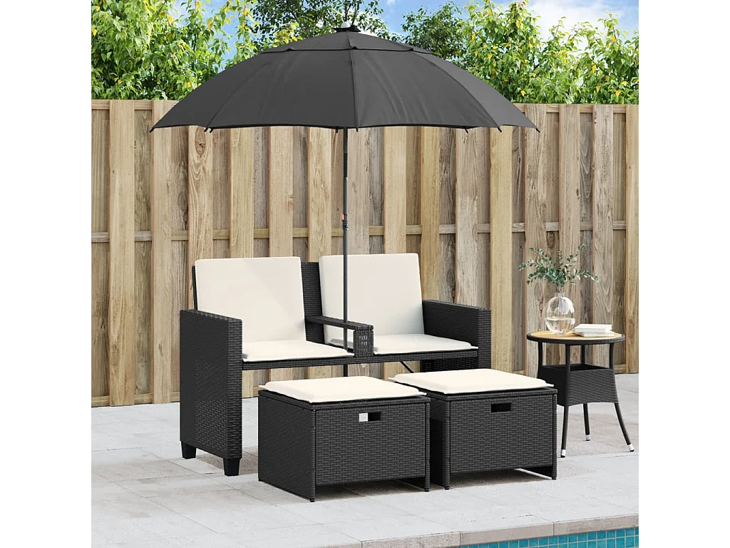 Canapé de jardin 2 places avec parasol et tabourets noir rotin