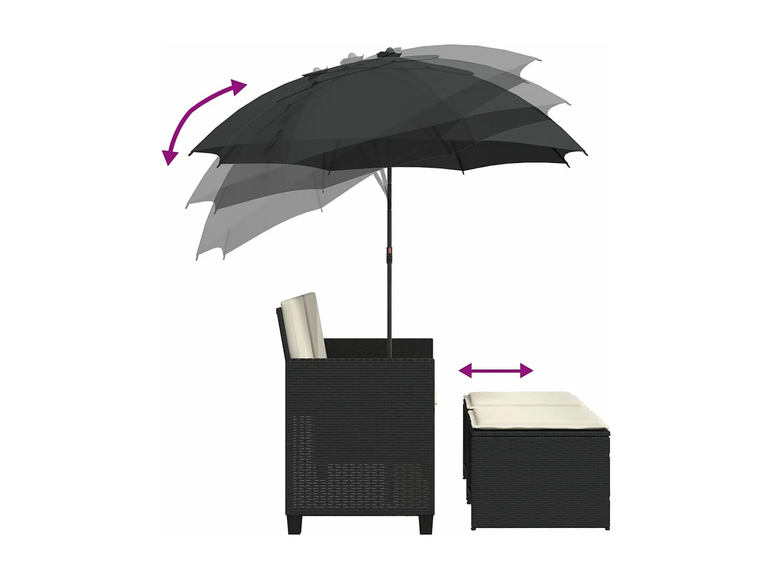 Canapé de jardin 2 places avec parasol et tabourets noir rotin