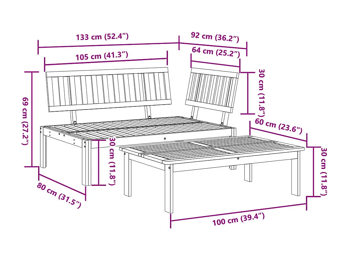 Salon de jardin palette 2 pcs bois massif d'acacia