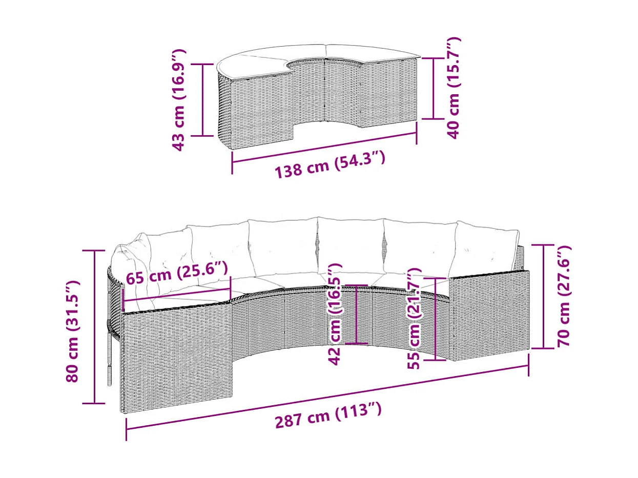 Mobili da giardino 2 pezzi semicircolari in resina intrecciata nera