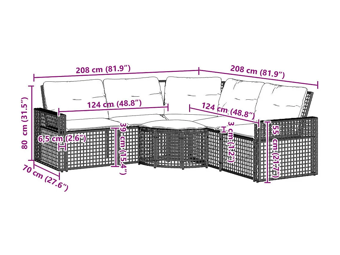 L-förmiges Gartensofa aus Rattan mit Kissen und Fußhocker