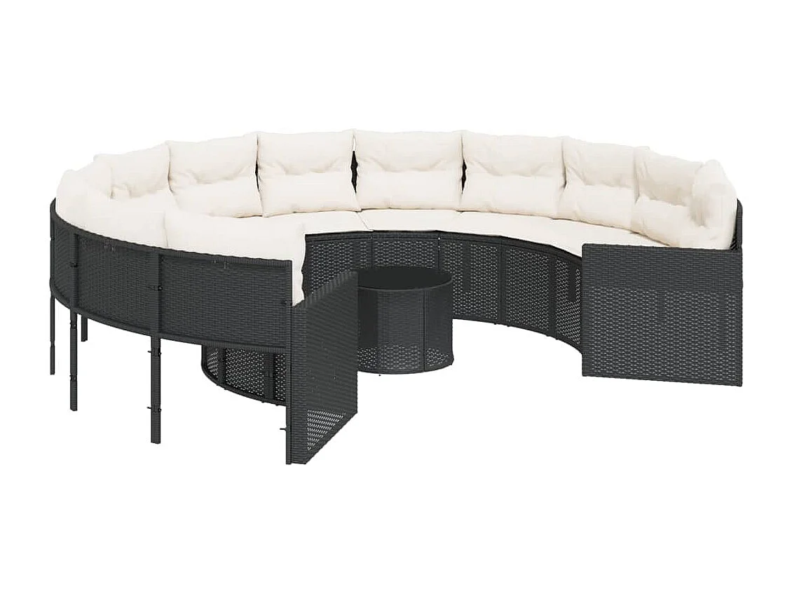 Sofá de jardín con mesa redonda con cojines de resina tejida en negro.